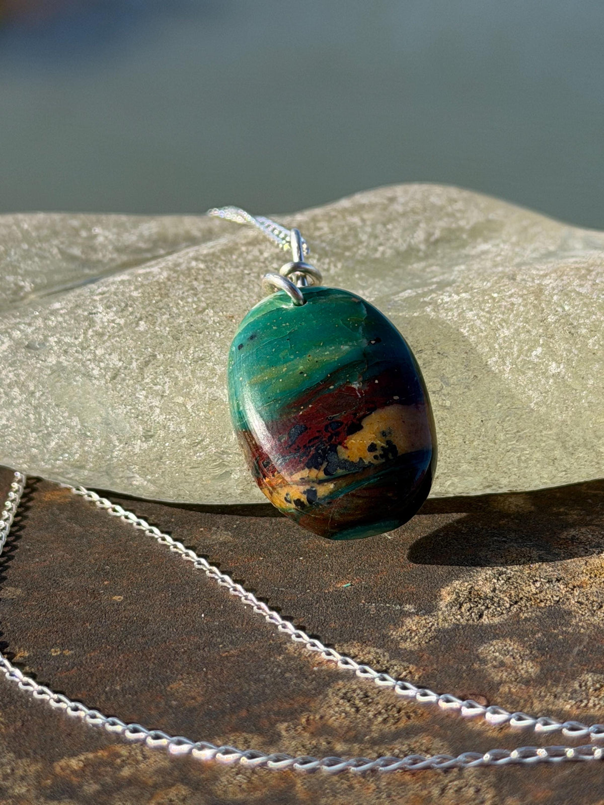 Green opalised wood necklace, ethical jewellery, bohemian necklace, unusual jewellery, unique eco friendly pendant,  red gemstone necklace.