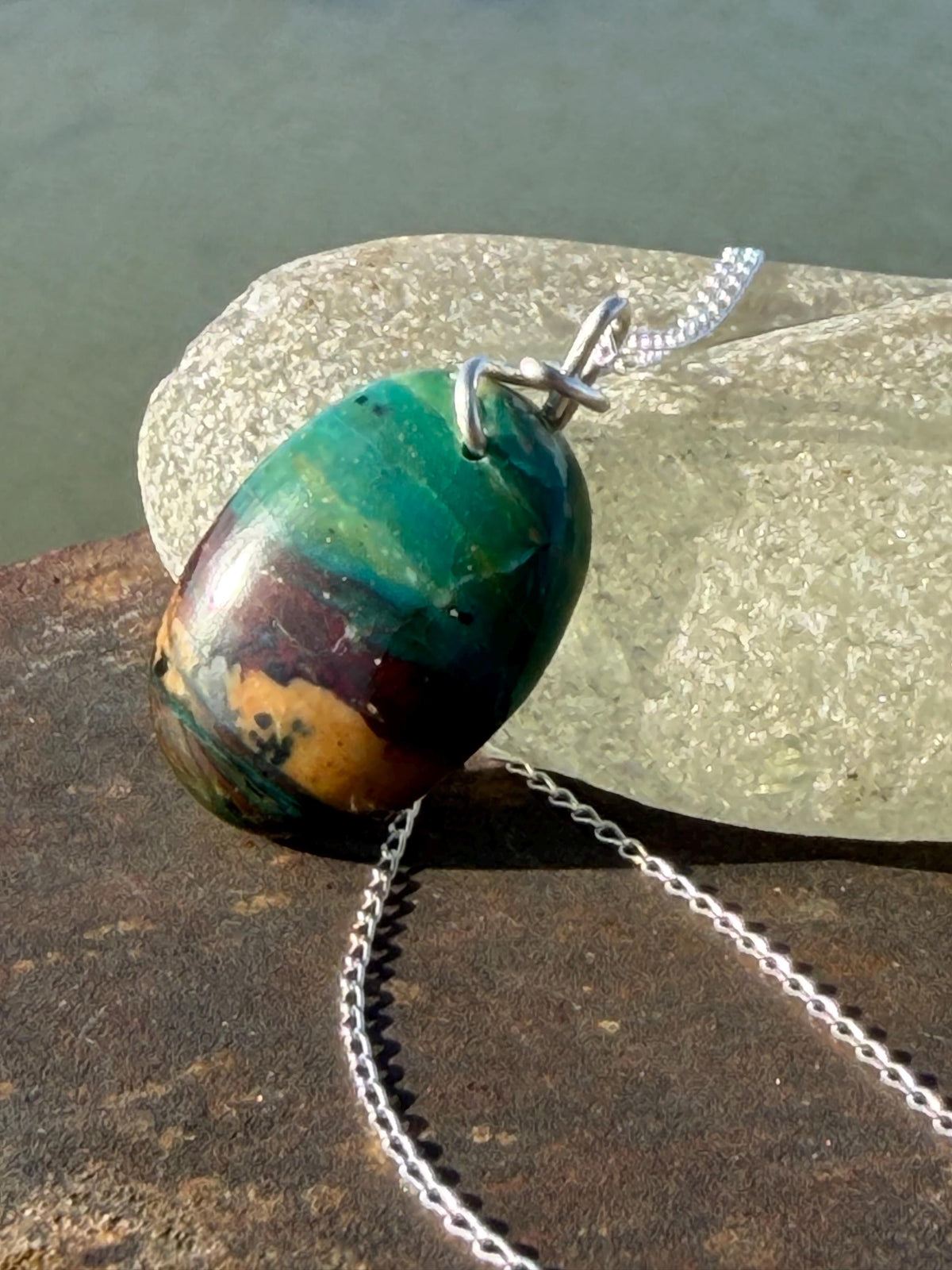 Green opalised wood necklace, ethical jewellery, bohemian necklace, unusual jewellery, unique eco friendly pendant,  red gemstone necklace.