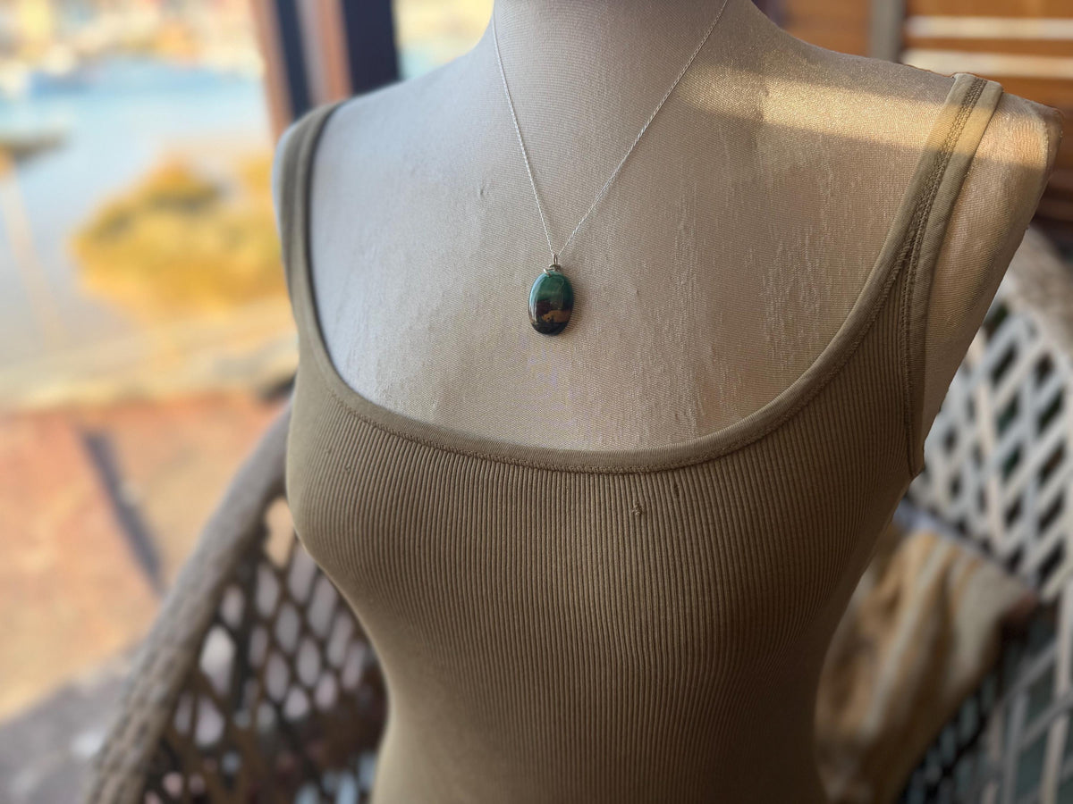Green opalised wood necklace, ethical jewellery, bohemian necklace, unusual jewellery, unique eco friendly pendant,  red gemstone necklace.