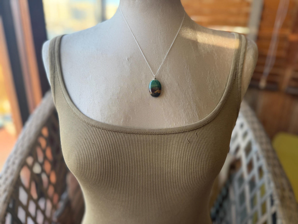 Green opalised wood necklace, ethical jewellery, bohemian necklace, unusual jewellery, unique eco friendly pendant,  red gemstone necklace.