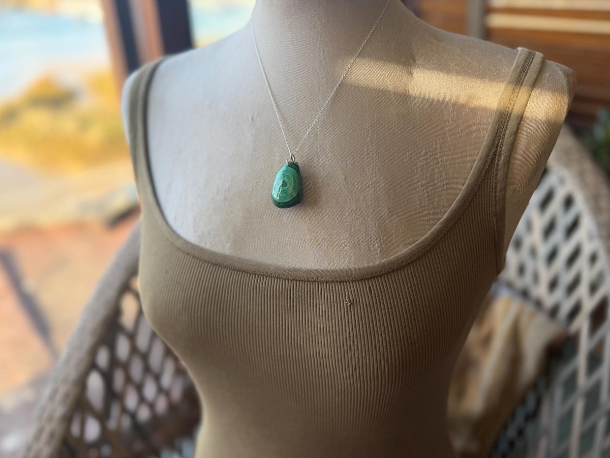 Stunning malachite necklace on recycled sterling silver. Boho large green gemstone necklace, ethically sourced and eco friendly. Unique gift