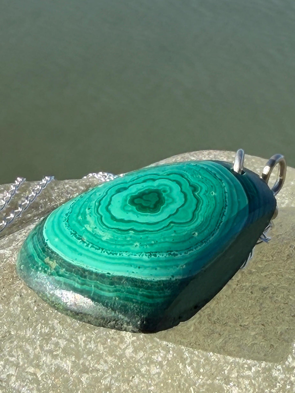 Stunning malachite necklace on recycled sterling silver. Boho large green gemstone necklace, ethically sourced and eco friendly. Unique gift