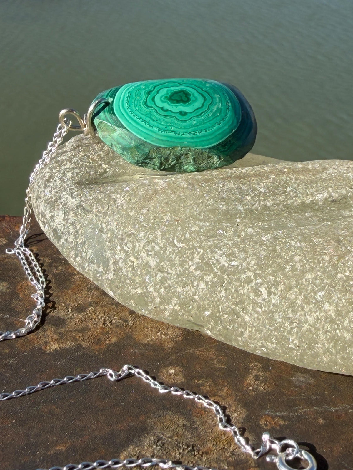 Stunning malachite necklace on recycled sterling silver. Boho large green gemstone necklace, ethically sourced and eco friendly. Unique gift