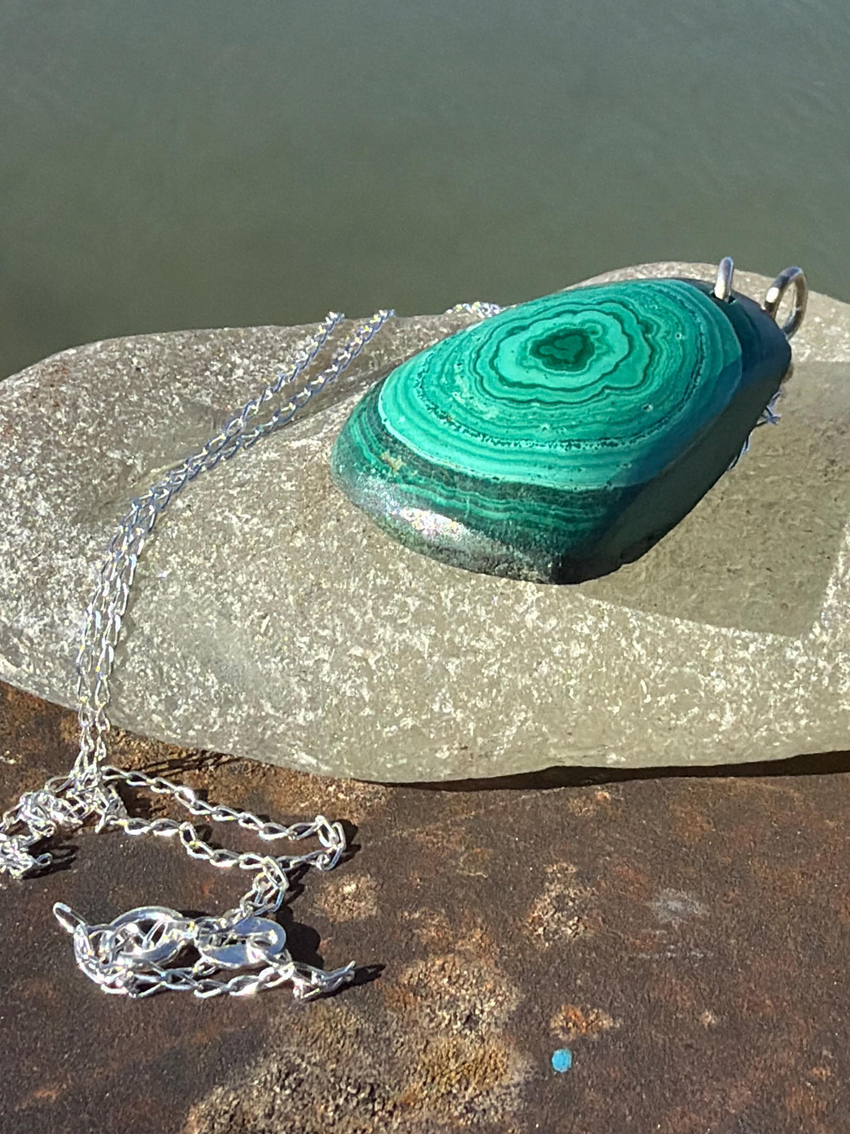 Stunning malachite necklace on recycled sterling silver. Boho large green gemstone necklace, ethically sourced and eco friendly. Unique gift