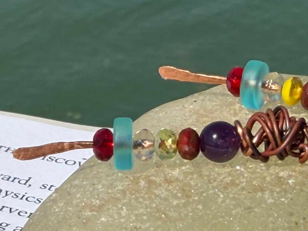 Eco friendly earrings made using recycled copper, sea glass & ethically sourced amethyst. Handmade ethical and unique jewellery.  Unusual.