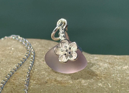 Dainty little recycled glass necklace within sterling silver flower. Recycled necklace. Ethical jewellery. glass pendant. Eco friendly gifts