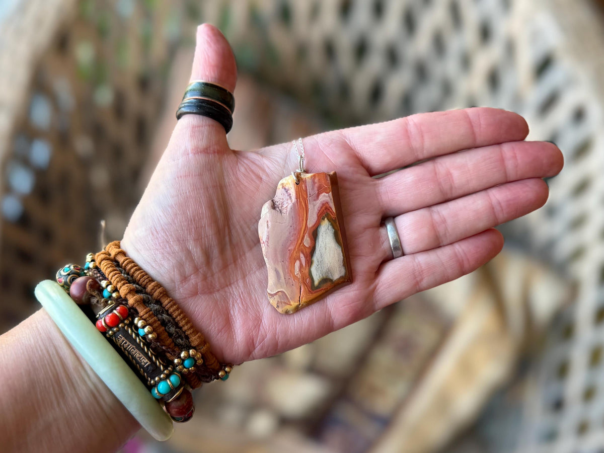 Stunning rhyolite necklace, ethical jewellery, bohemian necklace, unusual jewellery, unique gemstone pendant, orange gemstone necklace