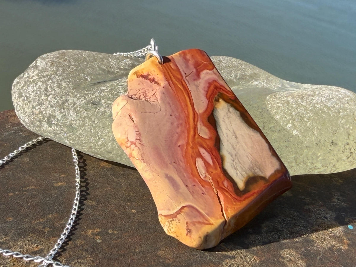 Stunning rhyolite necklace, ethical jewellery, bohemian necklace, unusual jewellery, unique gemstone pendant, orange gemstone necklace