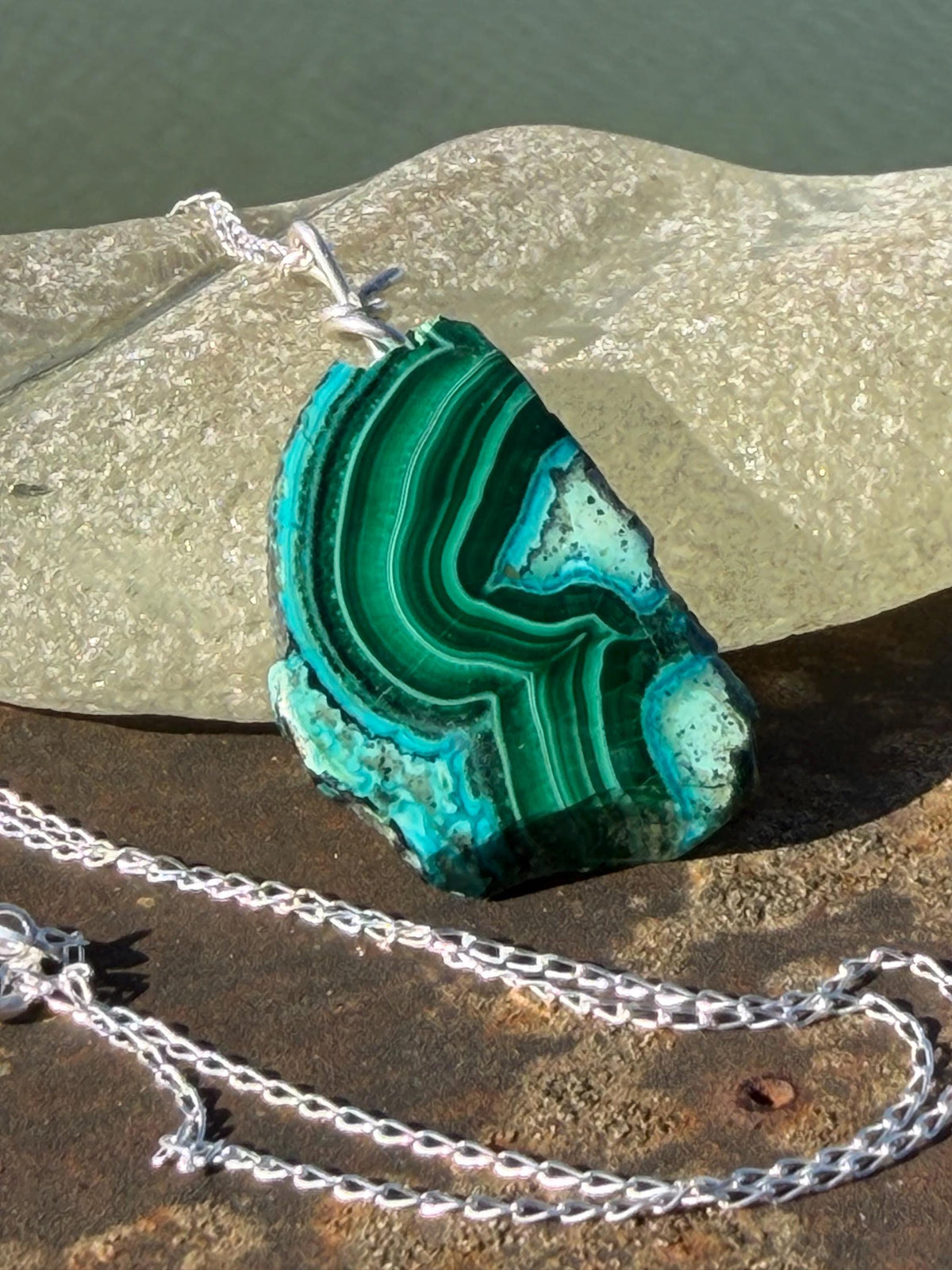 Azurite malachite necklace, malachite pendant, large gemstone necklace, green gemstone, Handmade gemstone necklace, boho gift for her