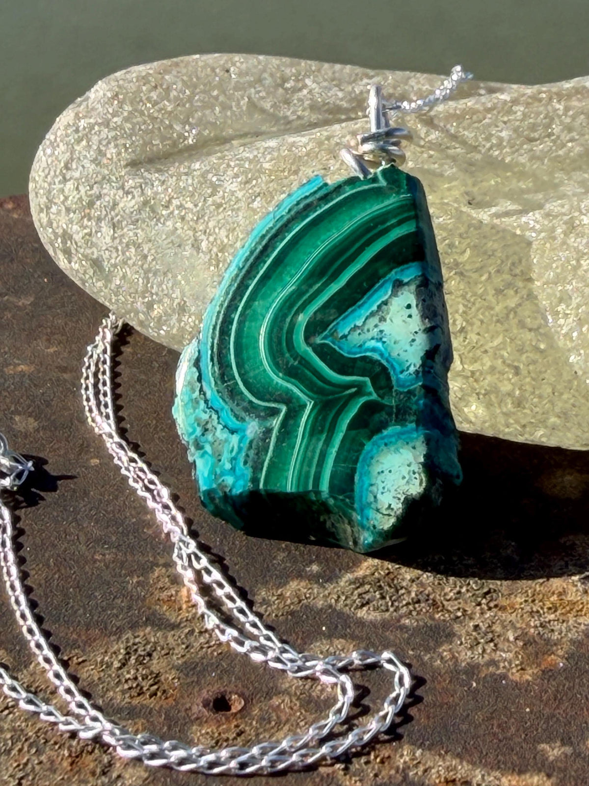 Azurite malachite necklace, malachite pendant, large gemstone necklace, green gemstone, Handmade gemstone necklace, boho gift for her