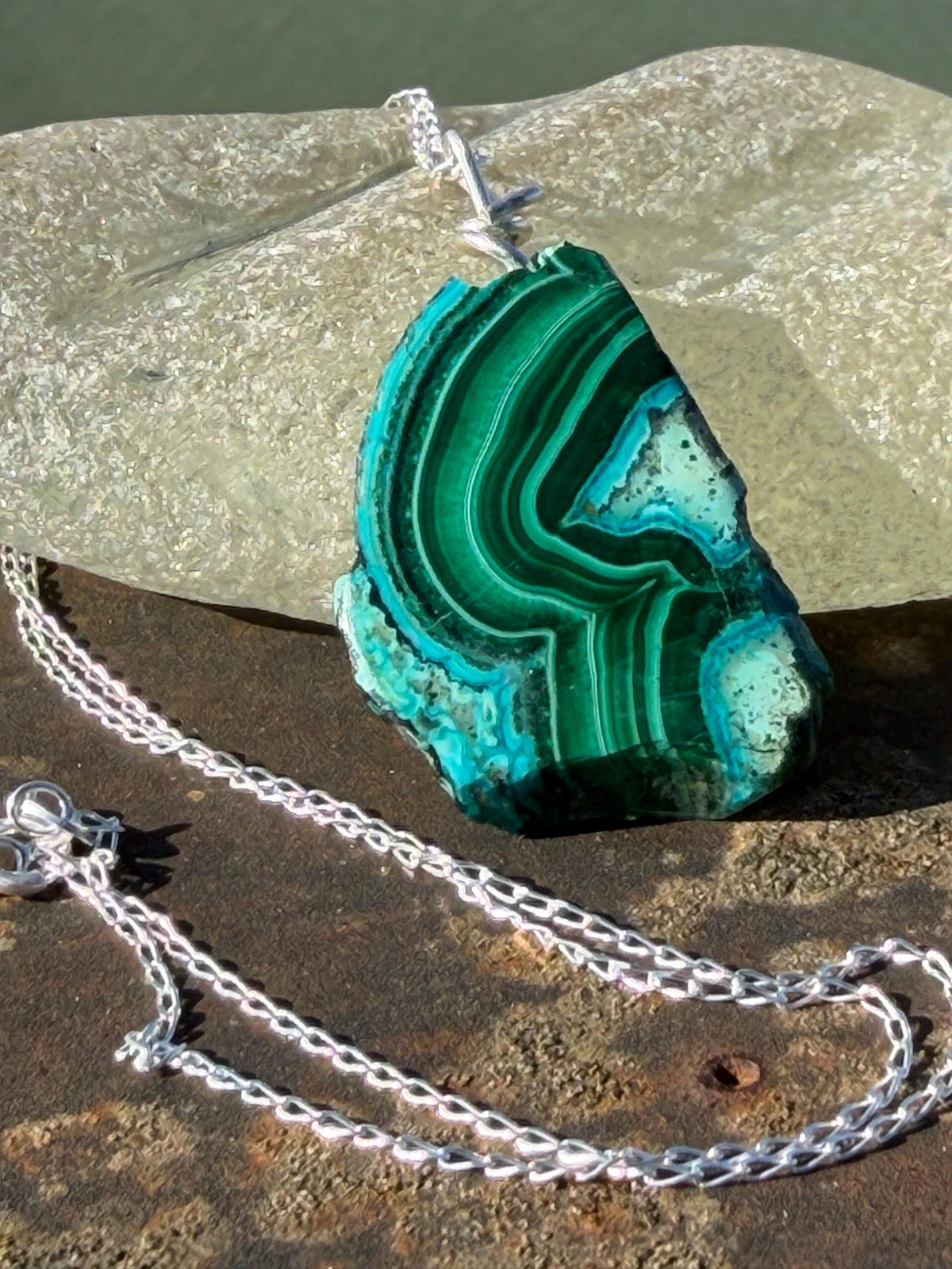 Azurite malachite necklace, malachite pendant, large gemstone necklace, green gemstone, Handmade gemstone necklace, boho gift for her