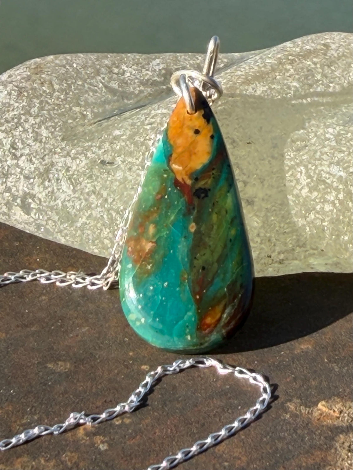 Green opalised wood necklace, ethical jewellery, bohemian necklace, unusual jewellery, unique eco friendly pendant,  red gemstone necklace.