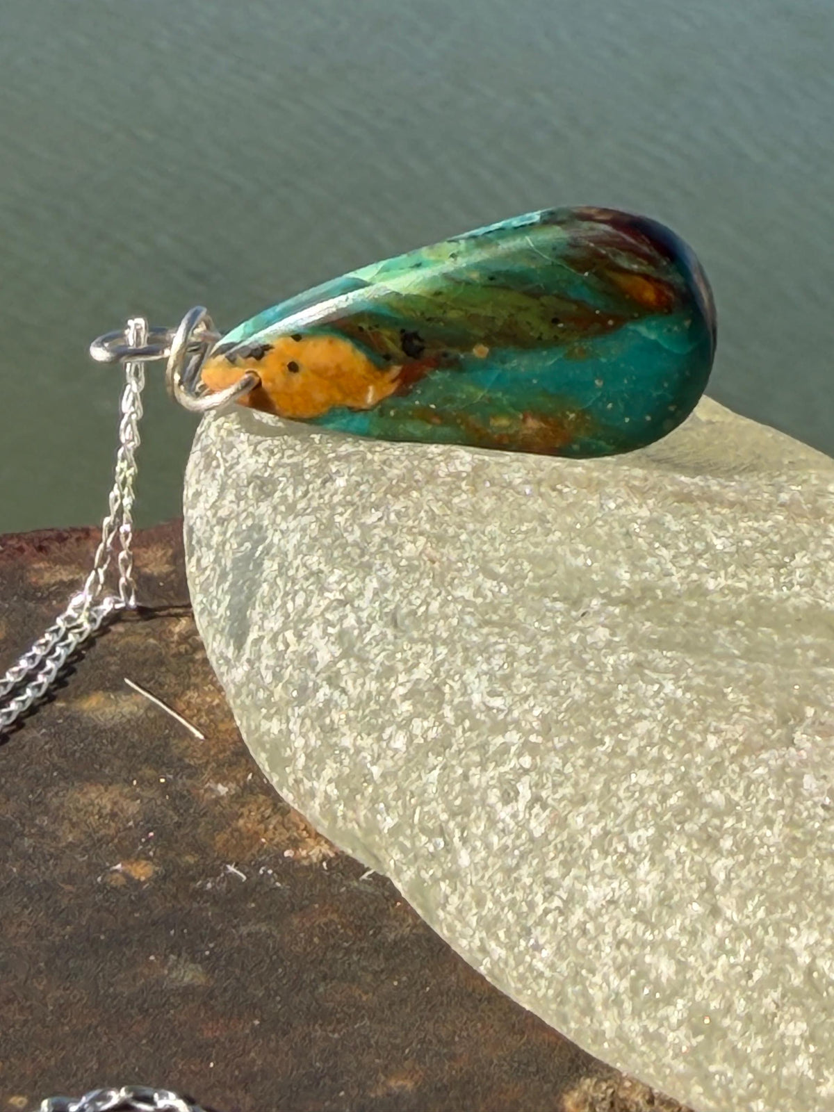 Green opalised wood necklace, ethical jewellery, bohemian necklace, unusual jewellery, unique eco friendly pendant,  red gemstone necklace.