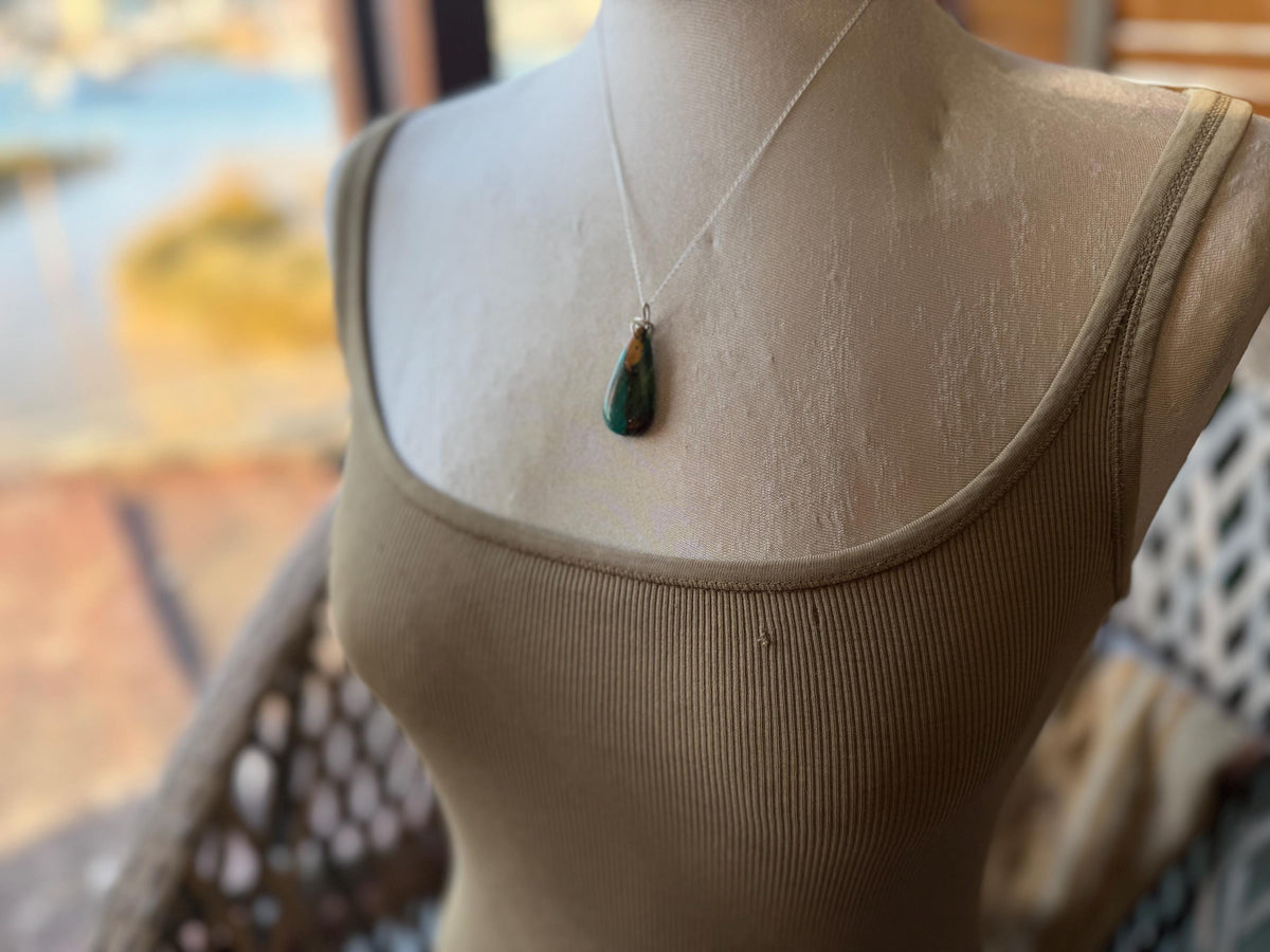 Green opalised wood necklace, ethical jewellery, bohemian necklace, unusual jewellery, unique eco friendly pendant,  red gemstone necklace.