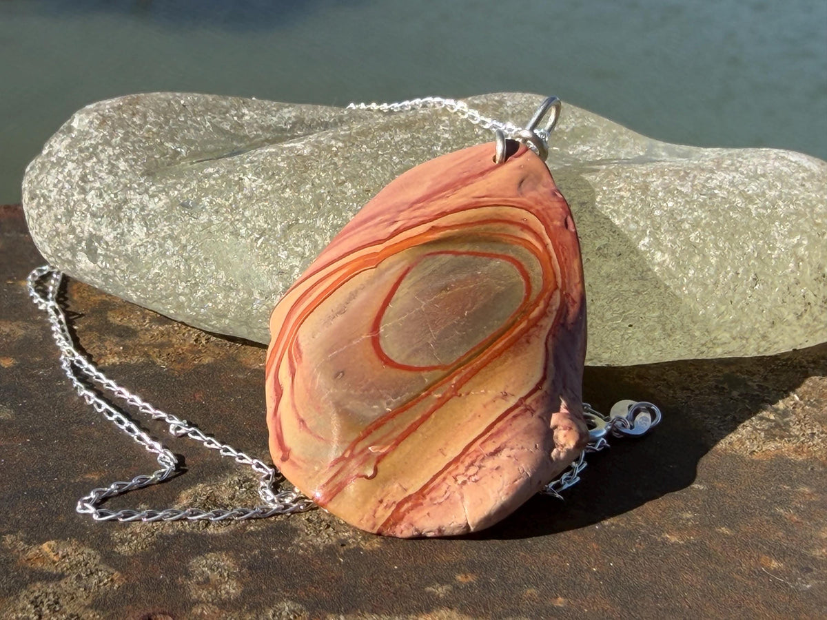 Stunning rhyolite necklace, ethical jewellery, bohemian necklace, unusual jewellery, unique gemstone pendant, orange gemstone necklace
