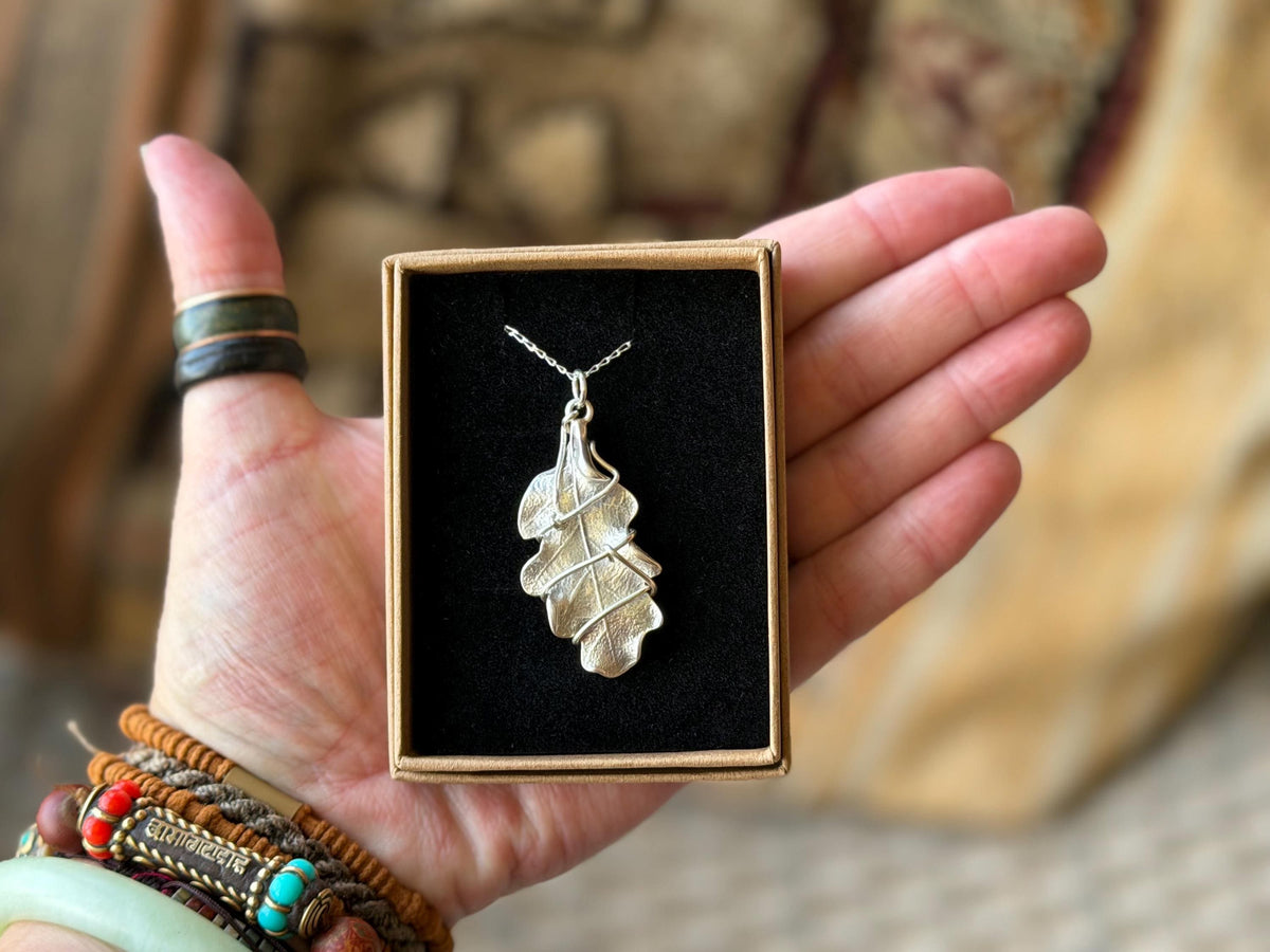 Oak leaf necklace wrapped in recycled sterling silver. Boho gift for her, boho necklace, silver leaf pendant. Silver jewellery.