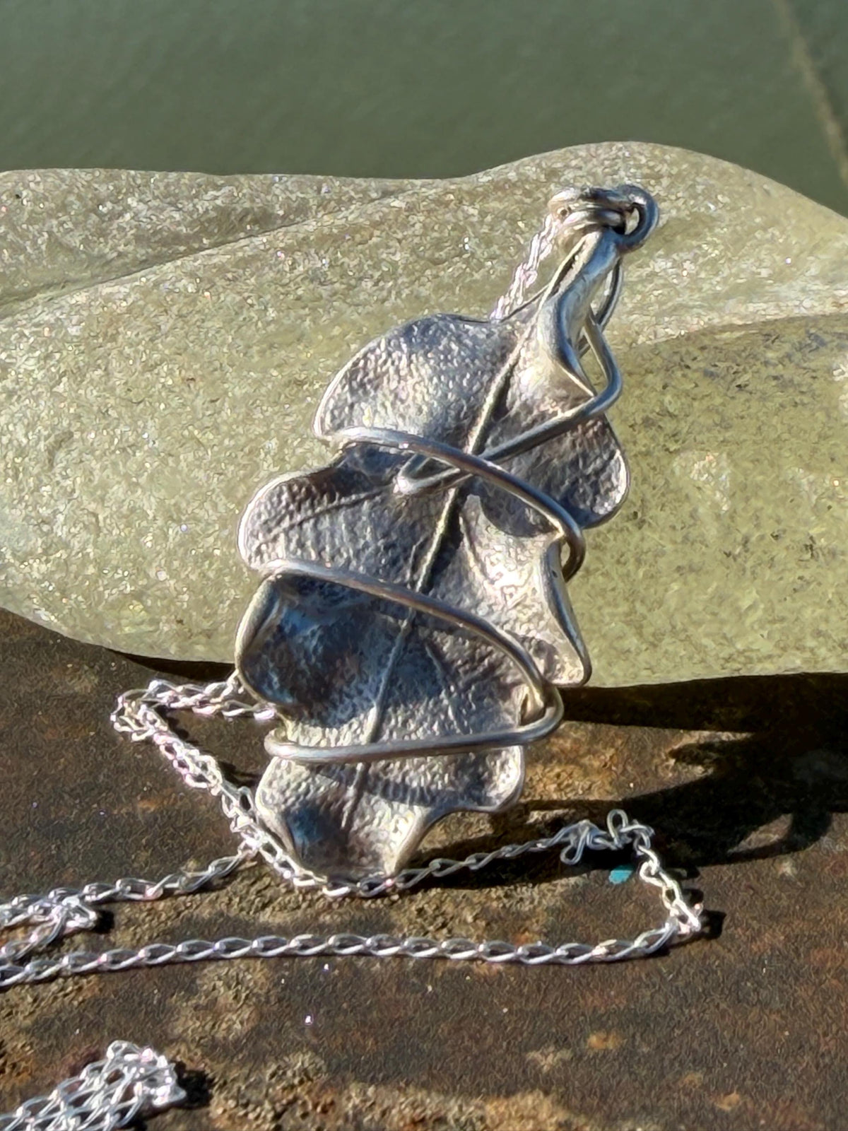 Oak leaf necklace wrapped in recycled sterling silver. Boho gift for her, boho necklace, silver leaf pendant. Silver jewellery.