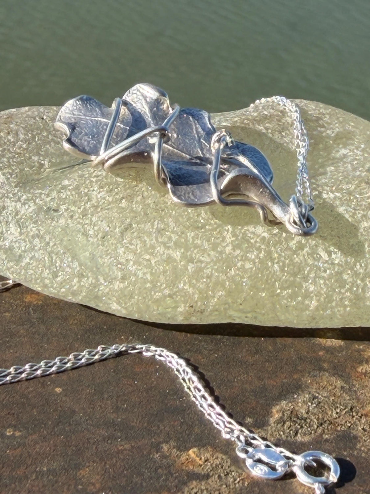 Oak leaf necklace wrapped in recycled sterling silver. Boho gift for her, boho necklace, silver leaf pendant. Silver jewellery.