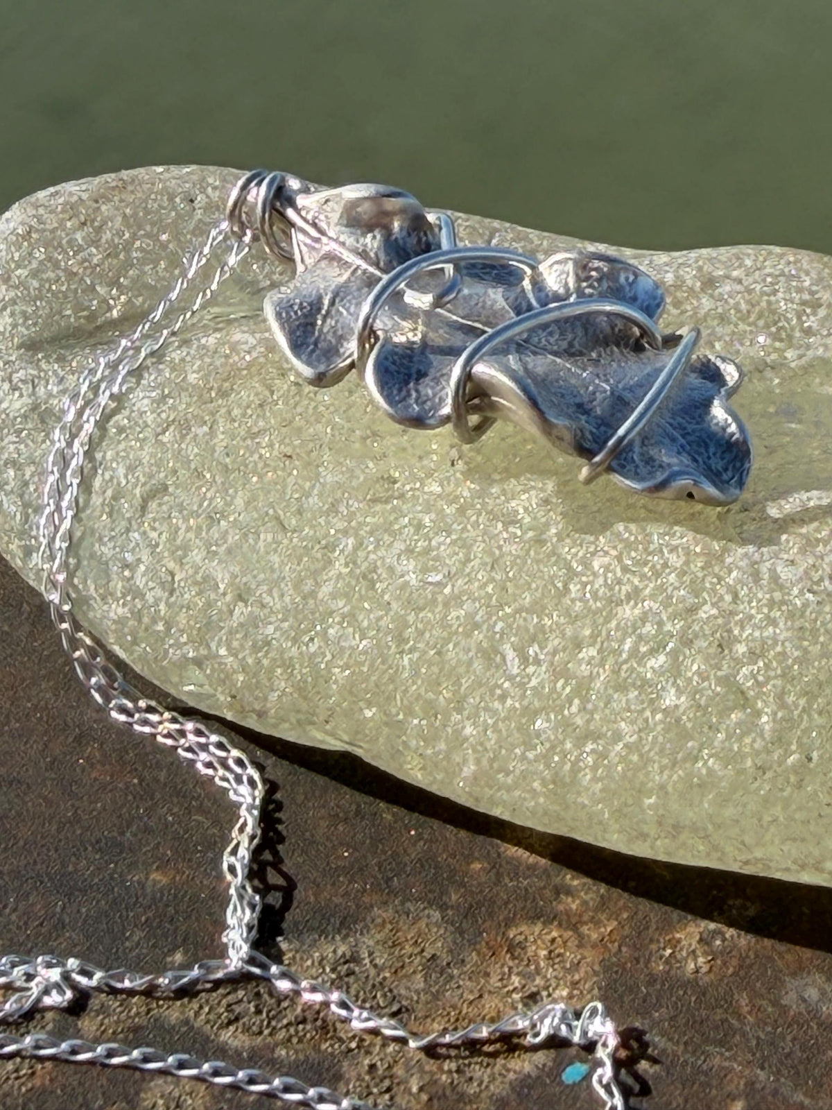 Oak leaf necklace wrapped in recycled sterling silver. Boho gift for her, boho necklace, silver leaf pendant. Silver jewellery.