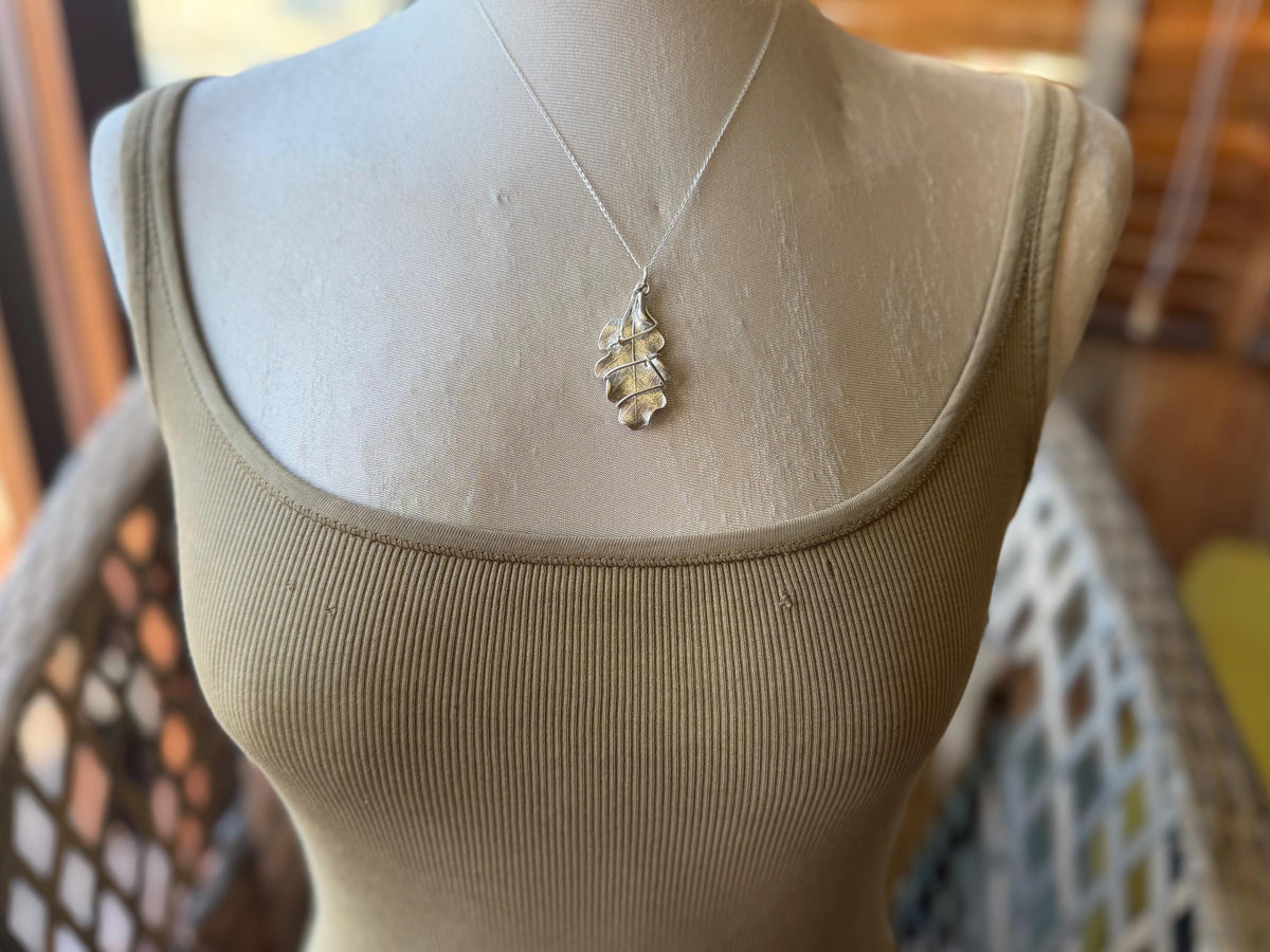 Oak leaf necklace wrapped in recycled sterling silver. Boho gift for her, boho necklace, silver leaf pendant. Silver jewellery.