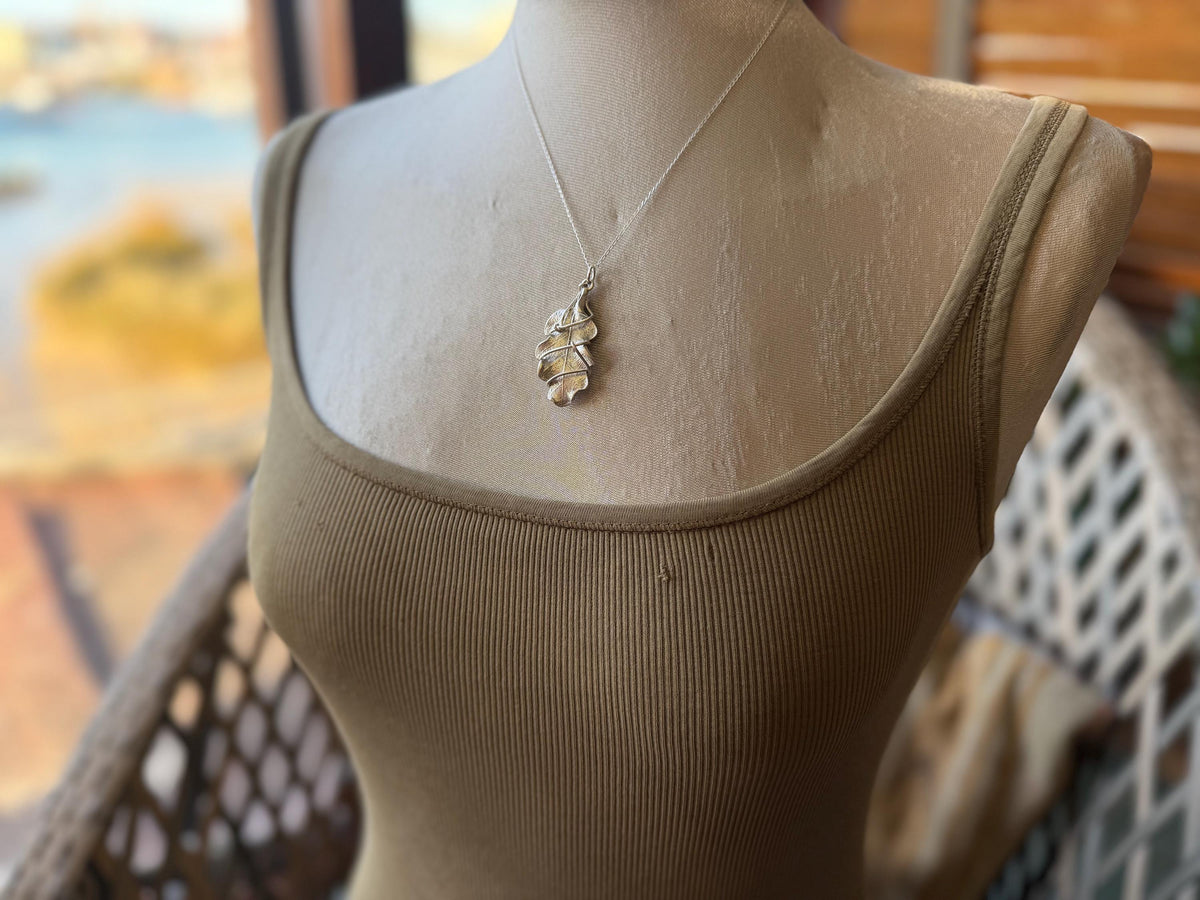 Oak leaf necklace wrapped in recycled sterling silver. Boho gift for her, boho necklace, silver leaf pendant. Silver jewellery.