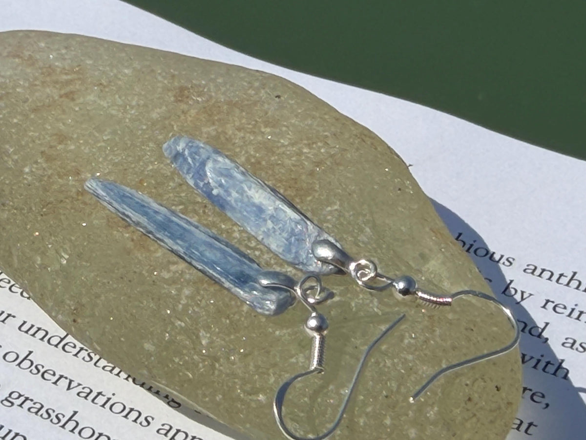 Blue kyanite earrings hung on recycled sterling silver. Angel wing earrings. Unique jewellery. handmade unusual jewellery, ethically made.
