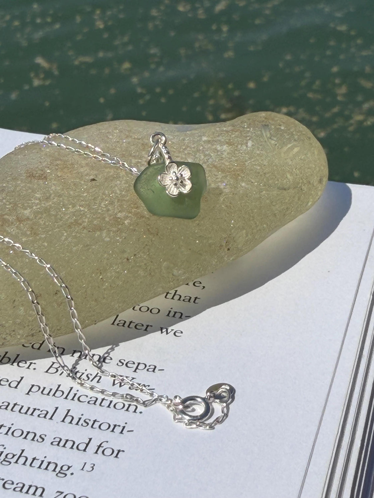 Dainty little sea glass necklace within sterling silver flowers. Recycled necklace. Ethical jewellery. Sea glass pendant. Eco friendly gifts