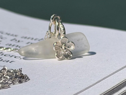Dainty little sea glass necklace within sterling silver flowers. Recycled necklace. Ethical jewellery. Sea glass pendant. Eco friendly gifts