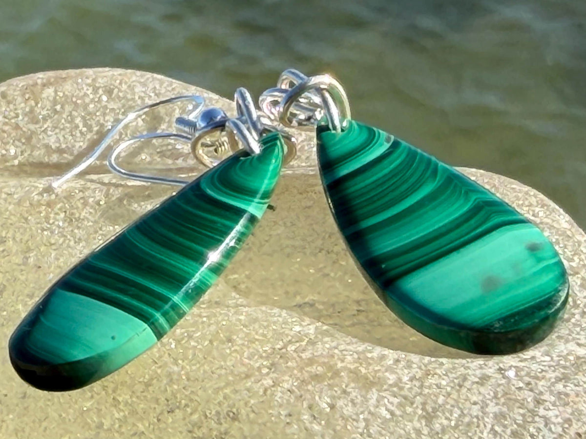 Silver earrings, boho earrings, unusual gift for her, malachite earrings, malachite jewellery, green gemstone earrings. Unusual jewellery