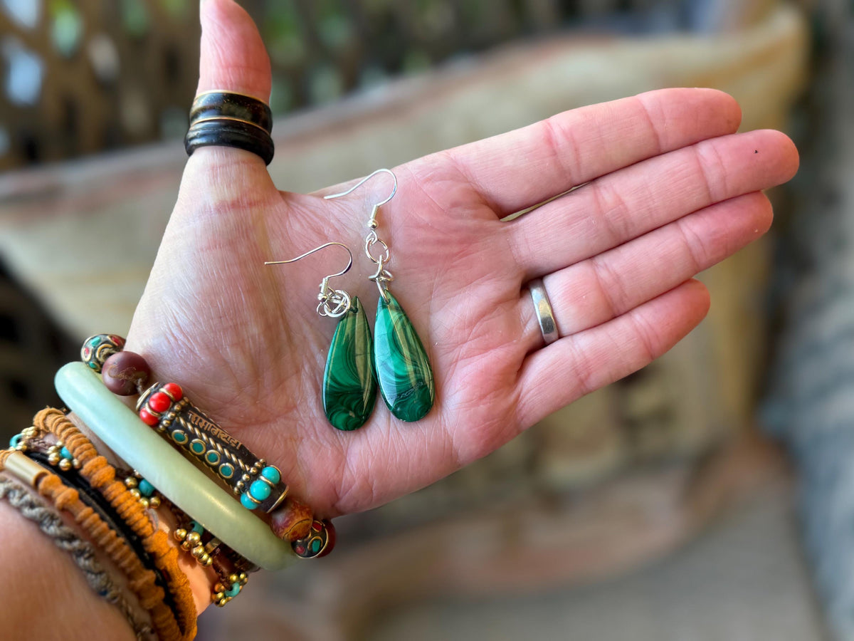 Silver earrings, boho earrings, unusual gift for her, malachite earrings, malachite jewellery, green gemstone earrings. Unusual jewellery
