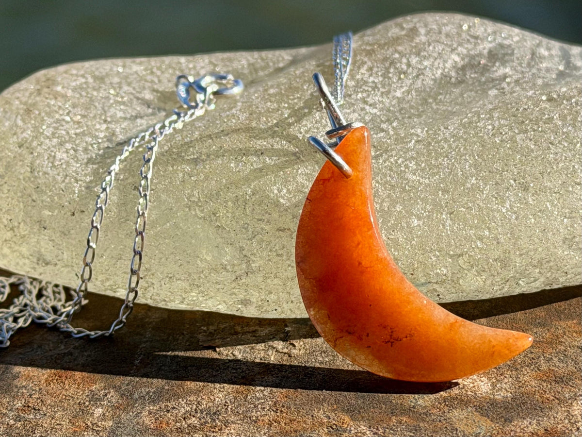 Carnelian moon necklace. Handmade eco friendlt jewellery. Orange gemstone jewellery, ethical jewellery. Handcrafted unique moon pendant.