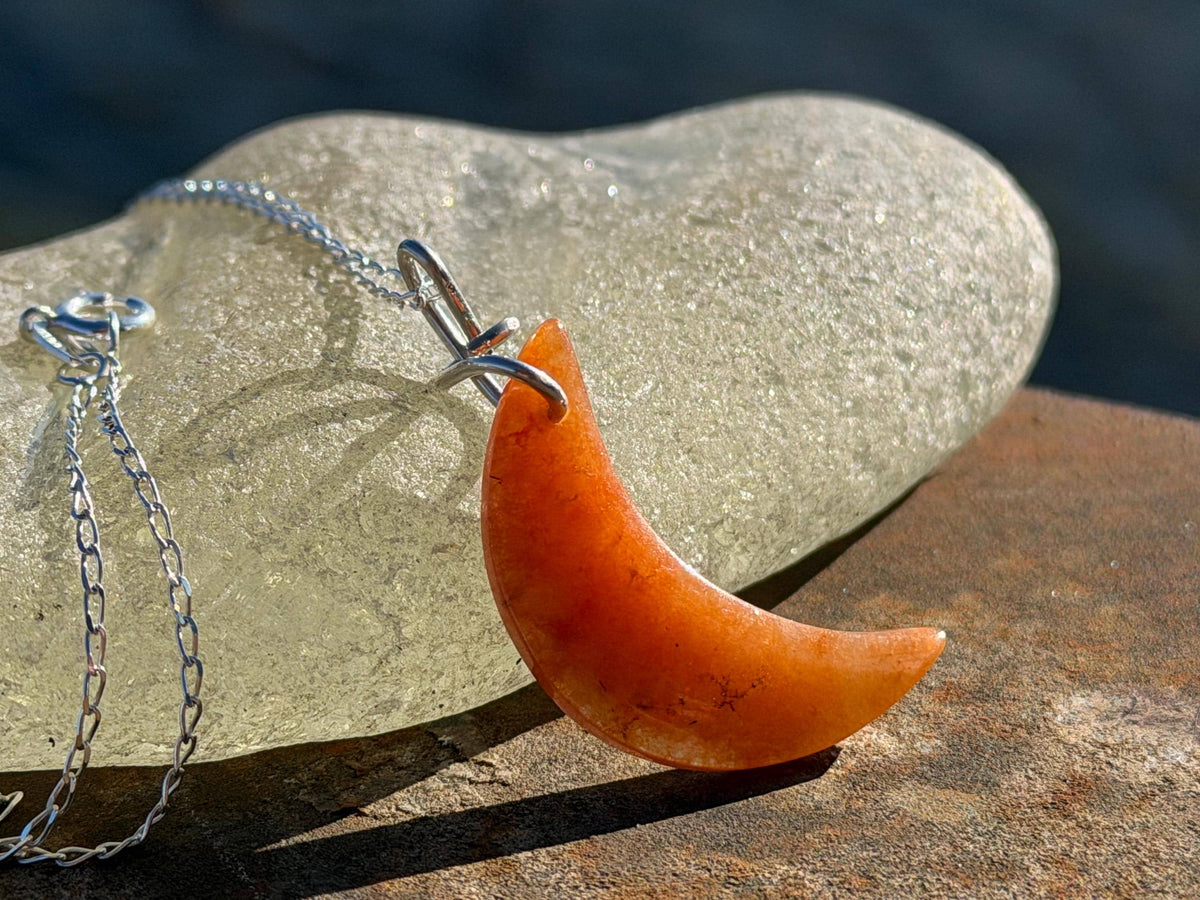 Carnelian moon necklace. Handmade eco friendlt jewellery. Orange gemstone jewellery, ethical jewellery. Handcrafted unique moon pendant.