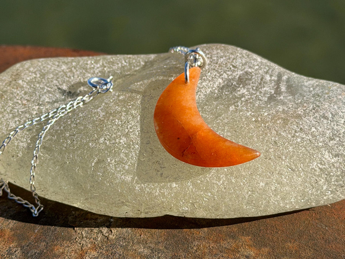 Carnelian moon necklace. Handmade eco friendlt jewellery. Orange gemstone jewellery, ethical jewellery. Handcrafted unique moon pendant.