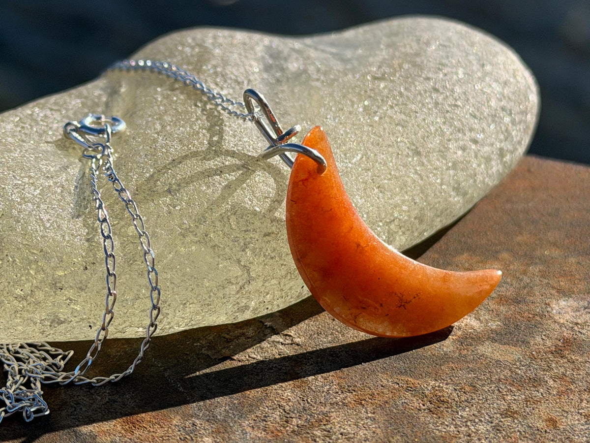 Carnelian moon necklace. Handmade eco friendlt jewellery. Orange gemstone jewellery, ethical jewellery. Handcrafted unique moon pendant.