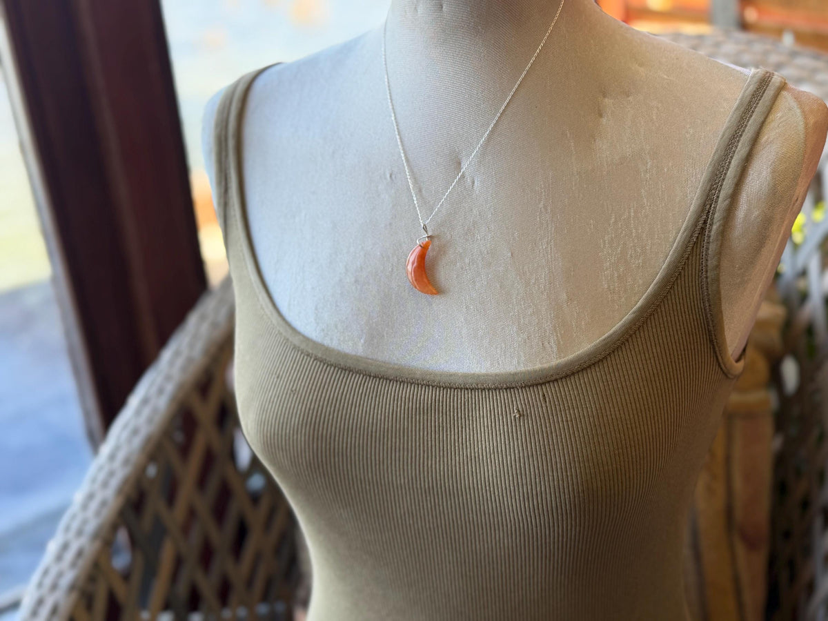 Carnelian moon necklace. Handmade eco friendlt jewellery. Orange gemstone jewellery, ethical jewellery. Handcrafted unique moon pendant.
