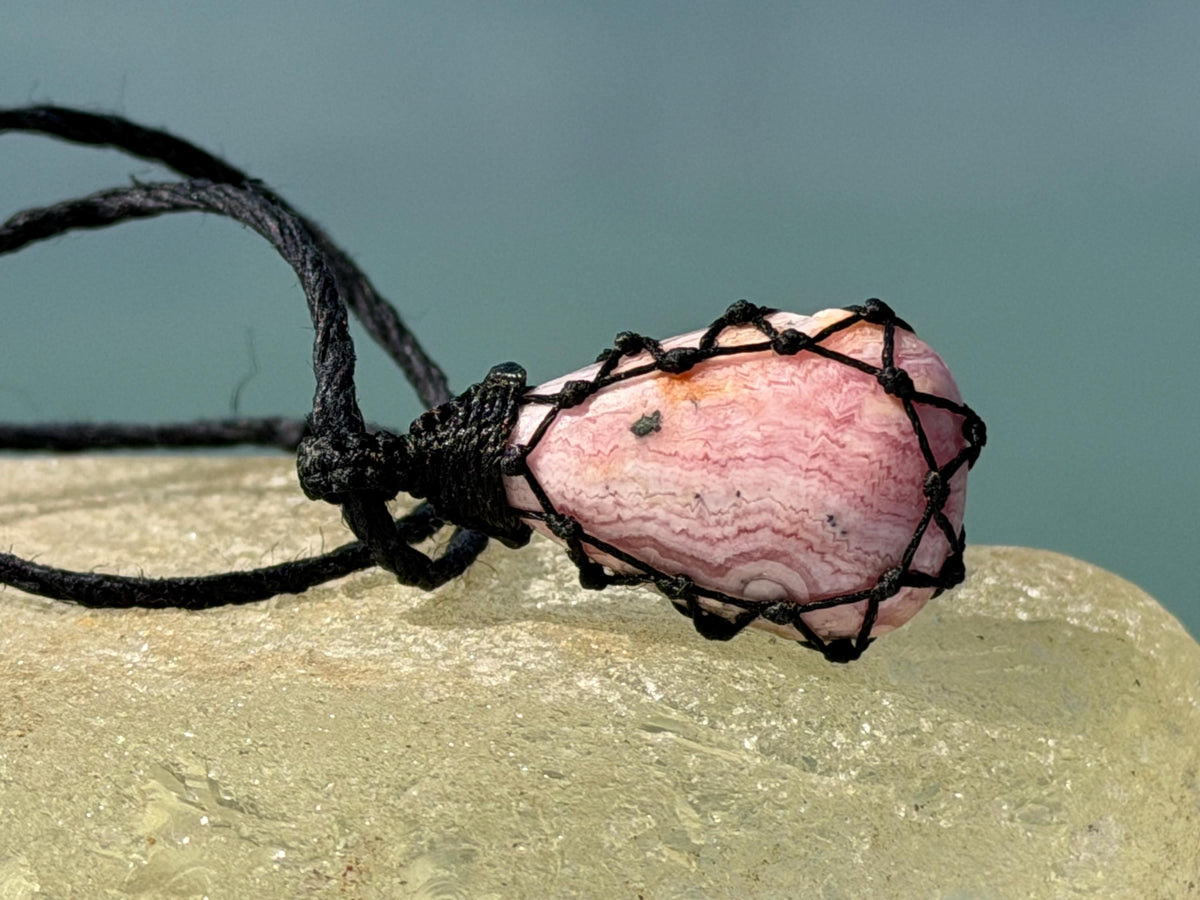 Eco friendly handmade necklace made from Rhodochrosite & sustainable hemp. Ethical jewellery. Unique handmade jewellery. Pink necklaces.