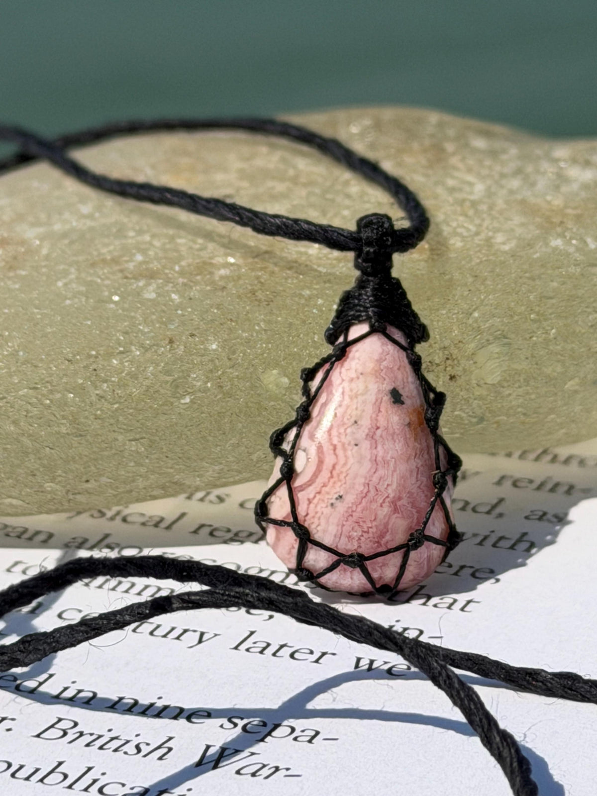 Eco friendly handmade necklace made from Rhodochrosite & sustainable hemp. Ethical jewellery. Unique handmade jewellery. Pink necklaces.