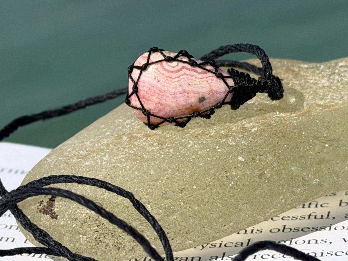 Eco friendly handmade necklace made from Rhodochrosite & sustainable hemp. Ethical jewellery. Unique handmade jewellery. Pink necklaces.