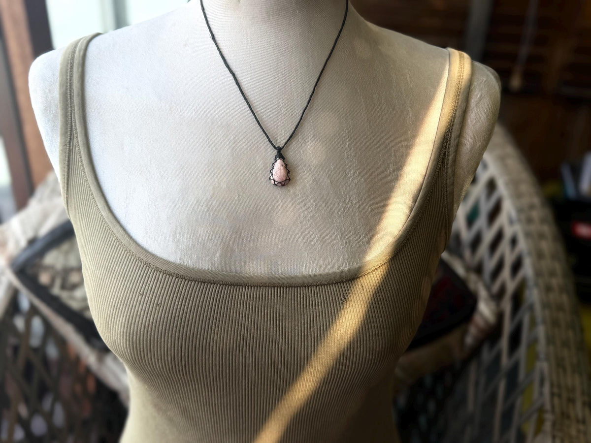 Eco friendly handmade necklace made from Rhodochrosite & sustainable hemp. Ethical jewellery. Unique handmade jewellery. Pink necklaces.