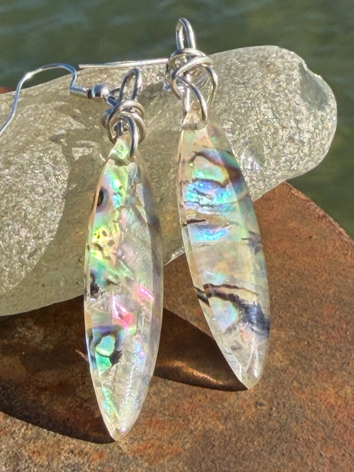 Abalone earrings. Handmade eco friendly earrings, abalone jewellery, rainbow earrings, funky jewellery, unusual jewellery, ethical jewellery