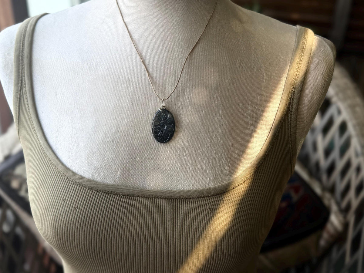 Carved labradorite necklace on recycled silver. Boho necklace, ethical jewellery, eco friendly necklace, gift for her, labradorite flower.