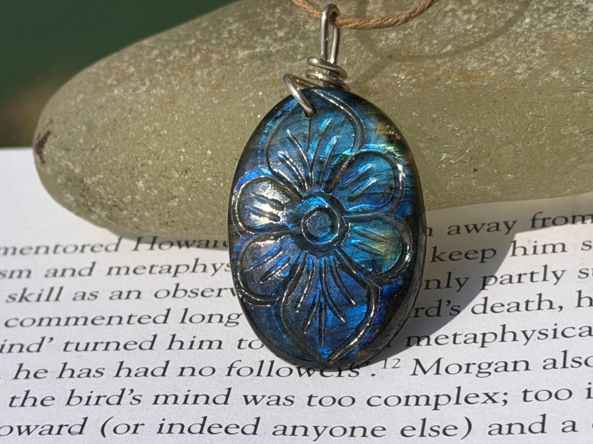 Carved labradorite necklace on recycled silver. Boho necklace, ethical jewellery, eco friendly necklace, gift for her, labradorite flower.