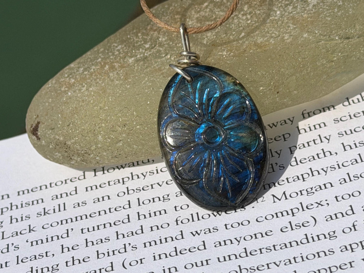 Carved labradorite necklace on recycled silver. Boho necklace, ethical jewellery, eco friendly necklace, gift for her, labradorite flower.