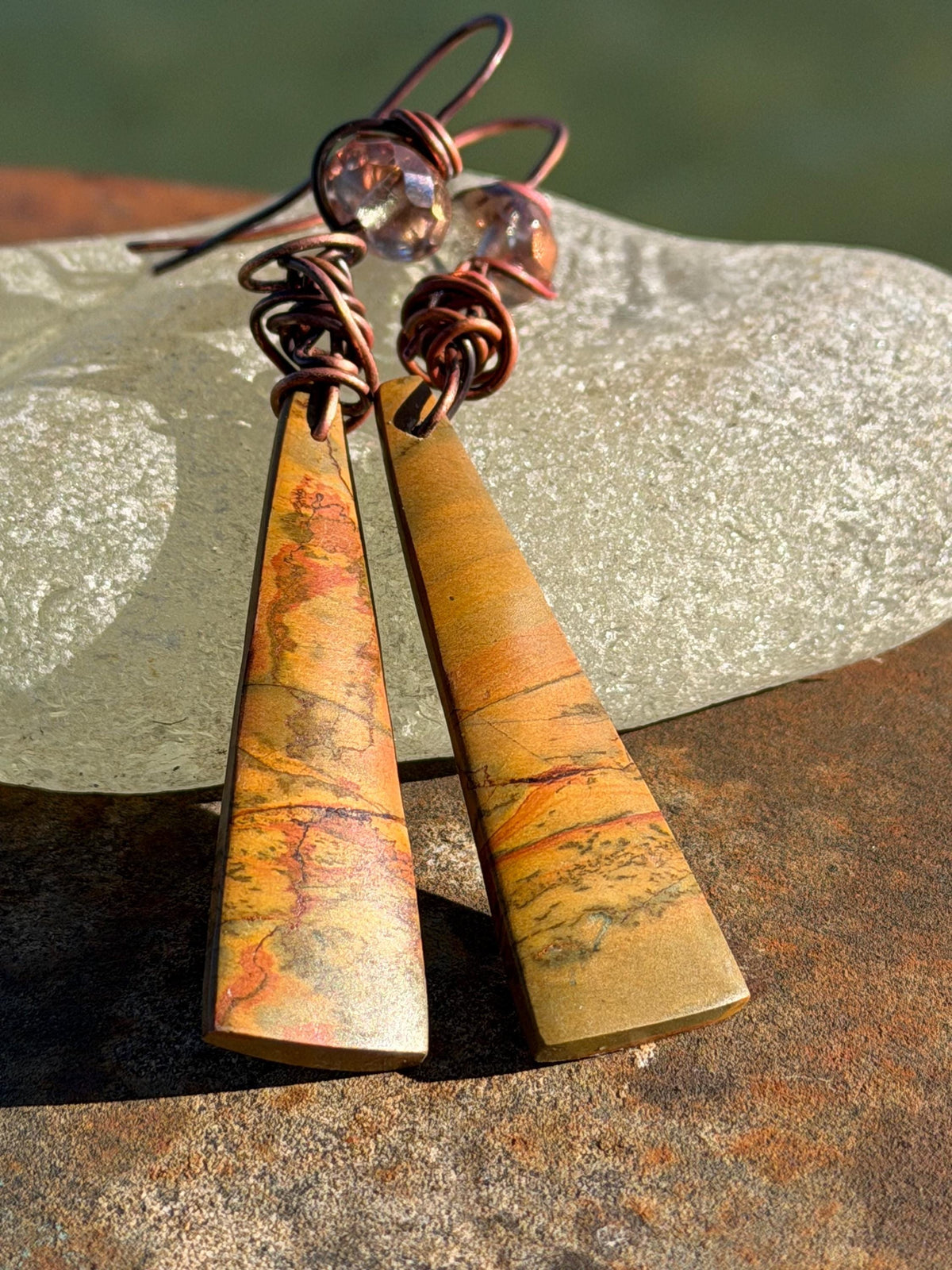 Picasso jasper gemstone earrings. Ethical jewellery, orange gemstone earrings. Stunning unique jewellery. Eco friendly unique earrings.