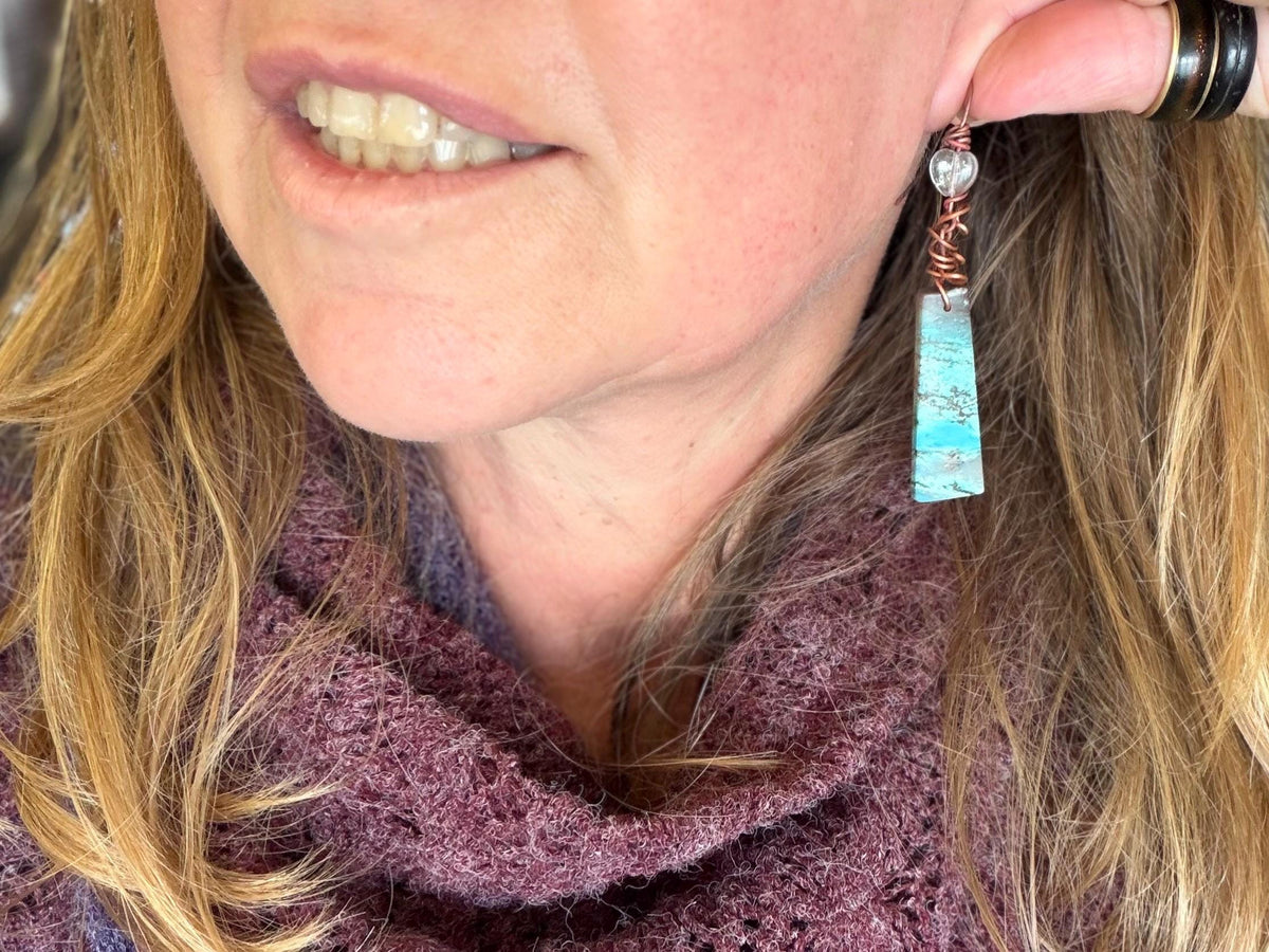 Chrysocolla gemstone earrings on recycled burnt copper. Ethical jewellery, blue gemstone earrings. Stunning unique jewellery. Unique gifts