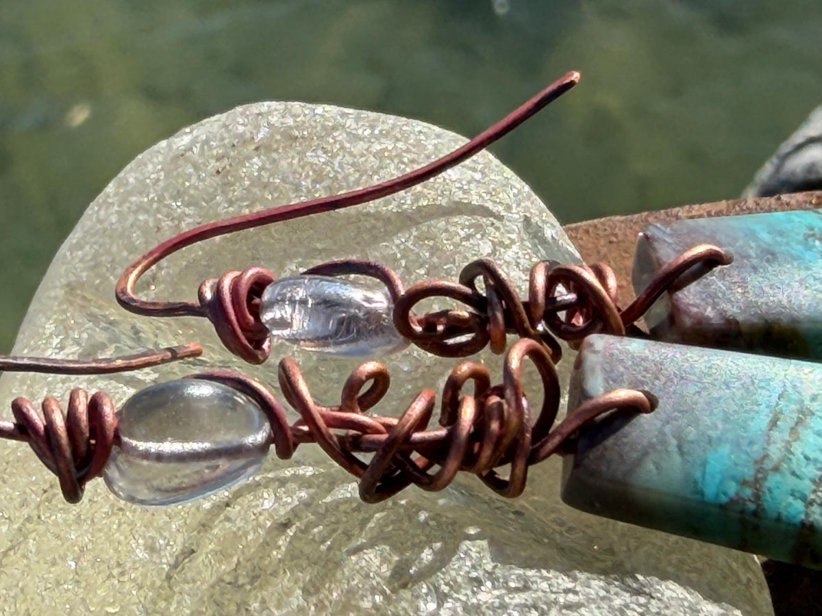 Chrysocolla gemstone earrings on recycled burnt copper. Ethical jewellery, blue gemstone earrings. Stunning unique jewellery. Unique gifts