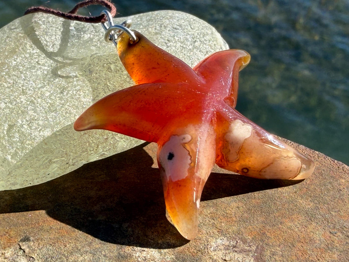 Cherry blossom agate necklace, ethical jewellery, starfish necklace, unique jewellery, orange agate pendant, orange gemstone necklace.