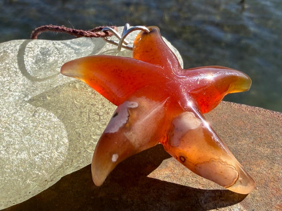 Cherry blossom agate necklace, ethical jewellery, starfish necklace, unique jewellery, orange agate pendant, orange gemstone necklace.