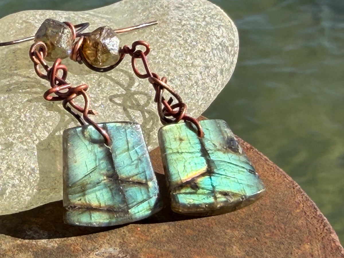 Ethically sourced labradorite earrings held on recycled copper. Ethical eco friendly  jewellery, labradorite jewellery. Boho unique earrings