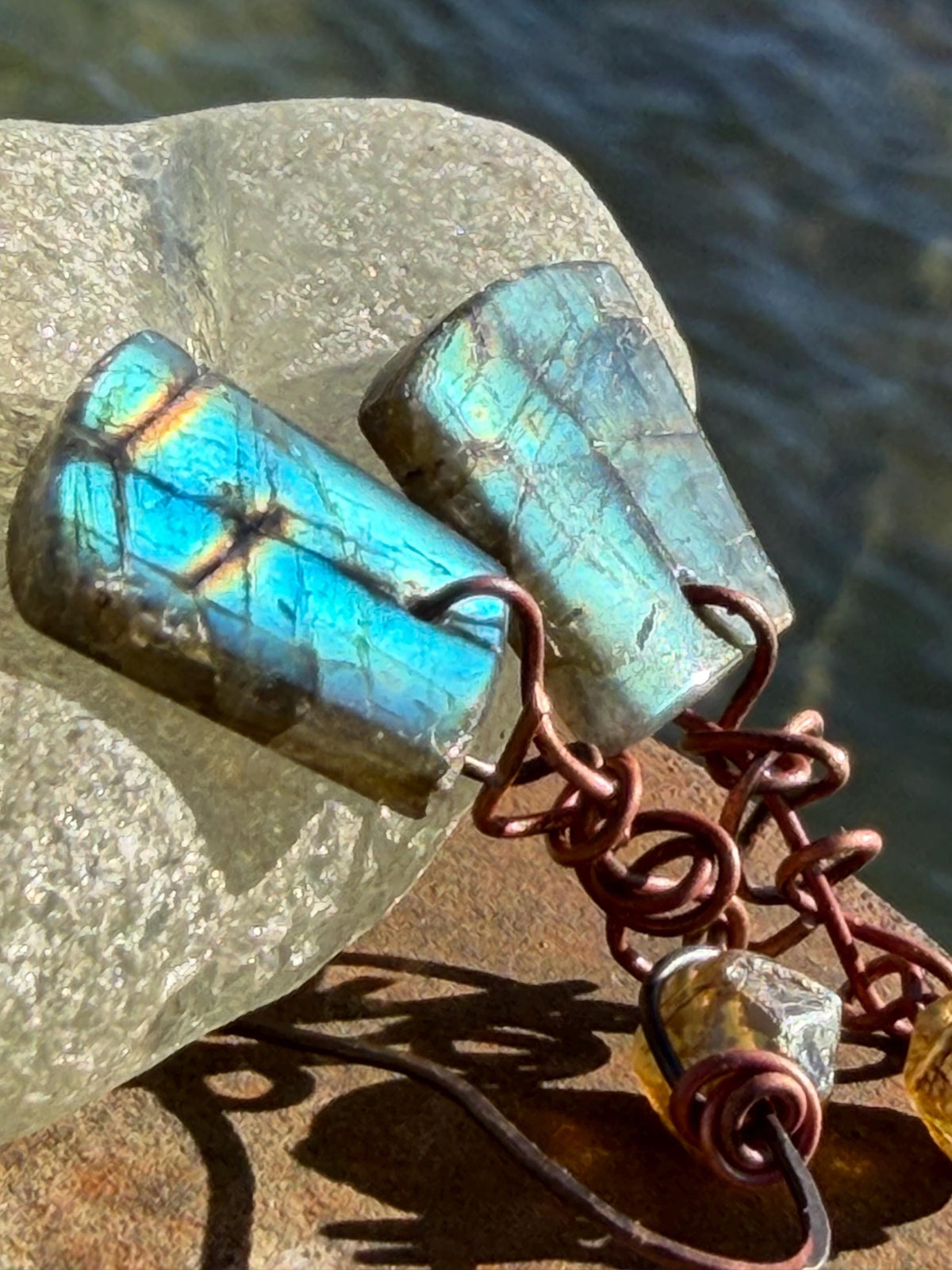 Ethically sourced labradorite earrings held on recycled copper. Ethical eco friendly  jewellery, labradorite jewellery. Boho unique earrings